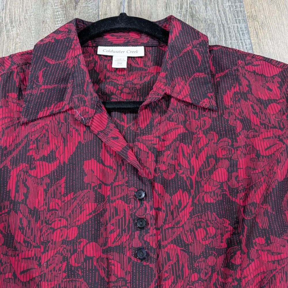 Coldwater Creek Top Womens Medium Petite Red Floral Button Up Long Sleeve - Picture 3 of 9